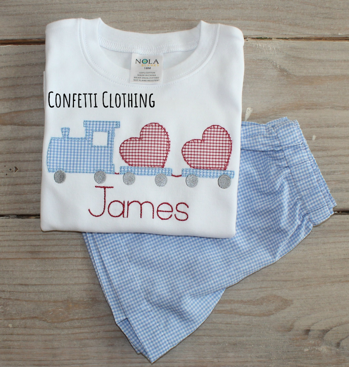 Applique Boys Train with Heart Shirt & Matching Bottoms