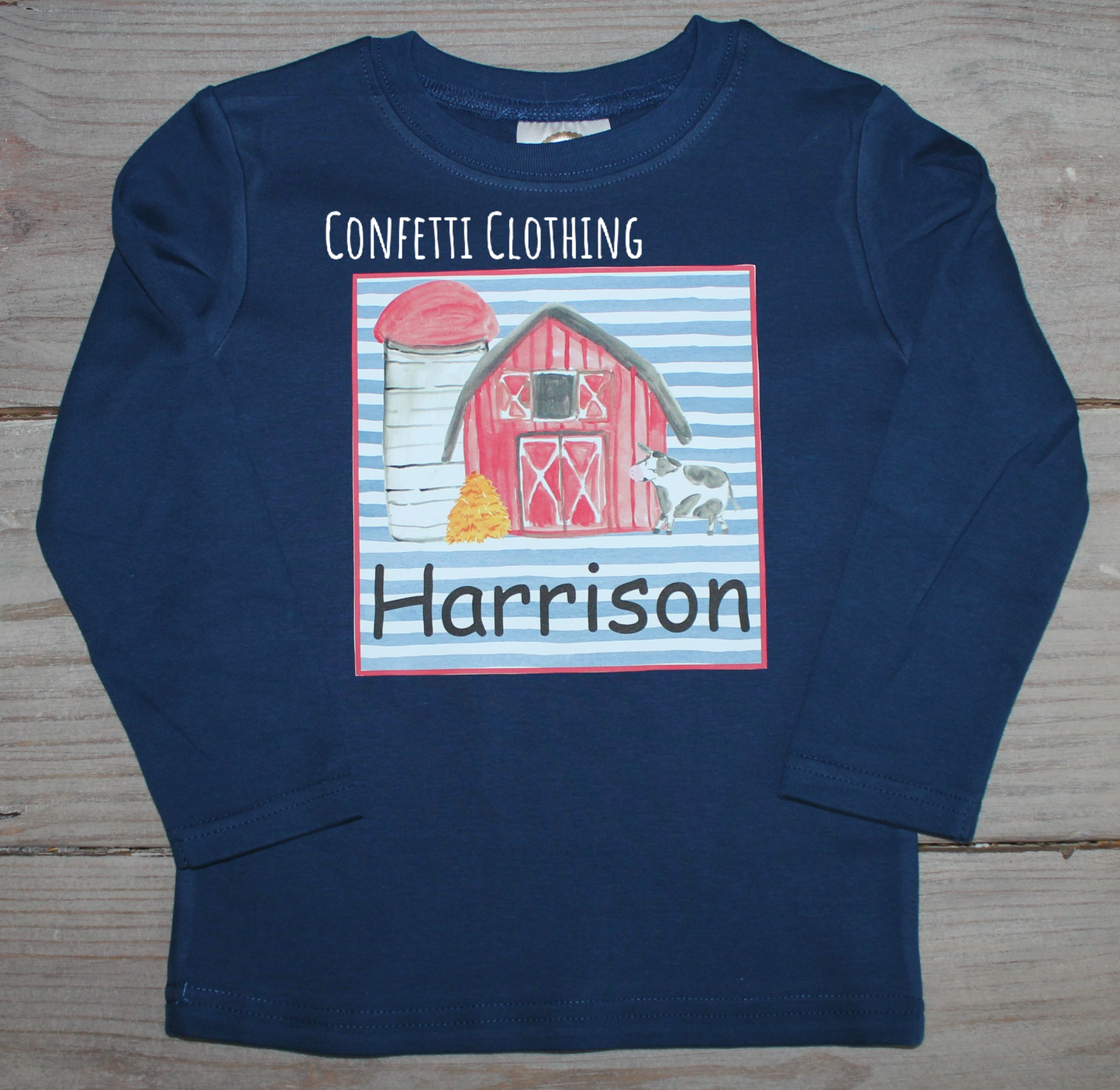 Printed Barn on Stripe on Navy Design