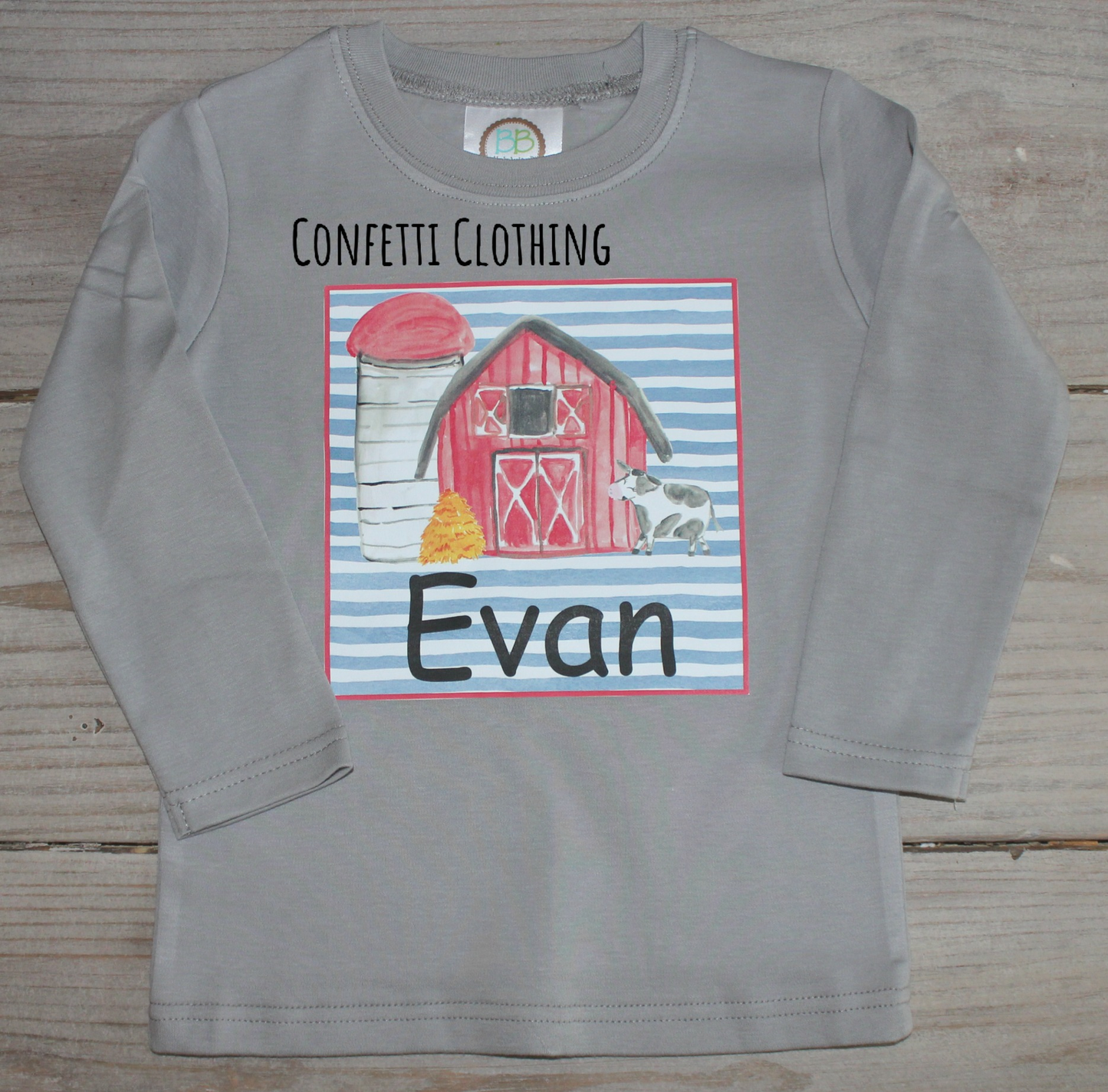 Printed Barn on Stripes on Gray Design