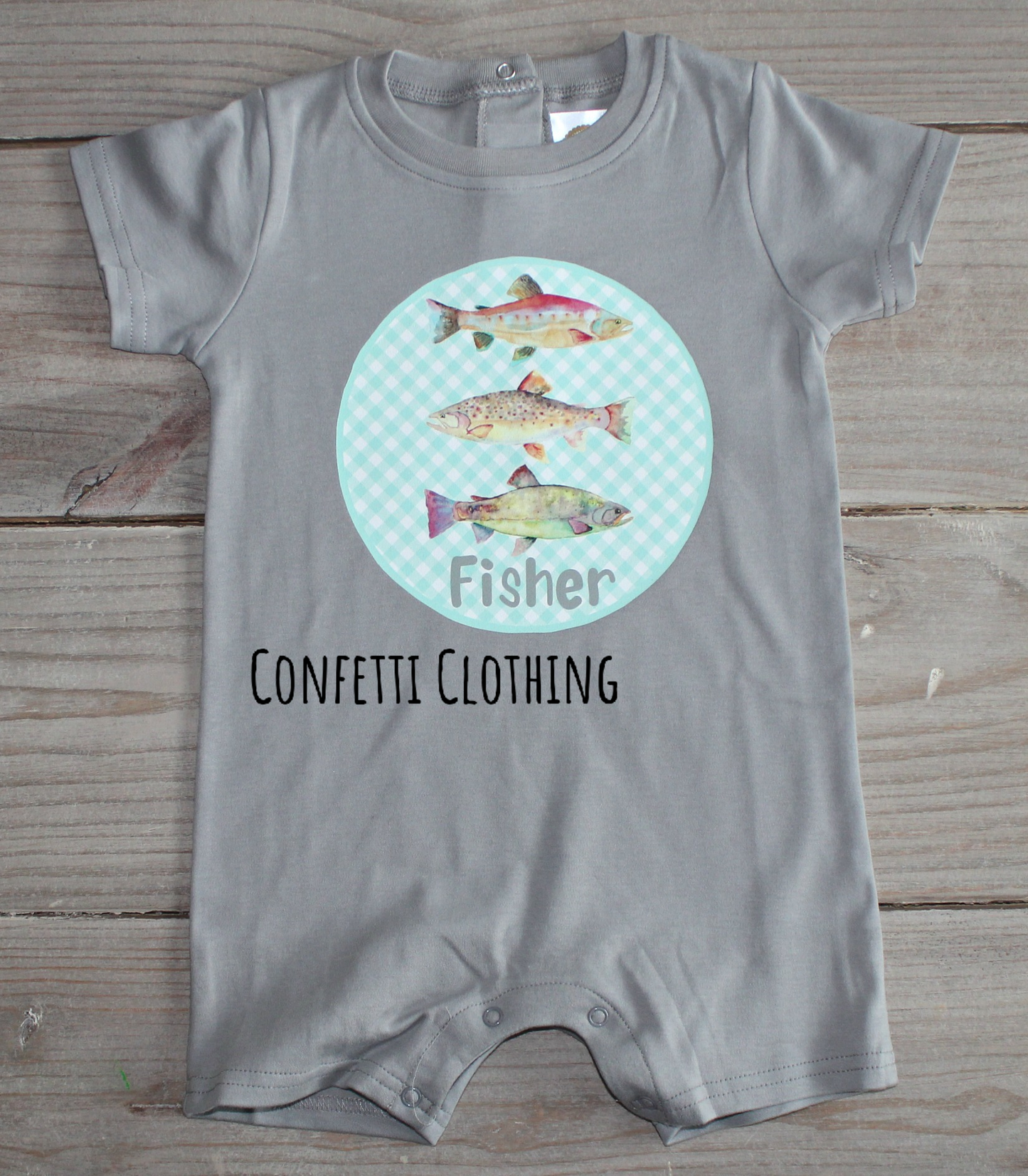 Printed Fish Trio on Gingham on Gray Design