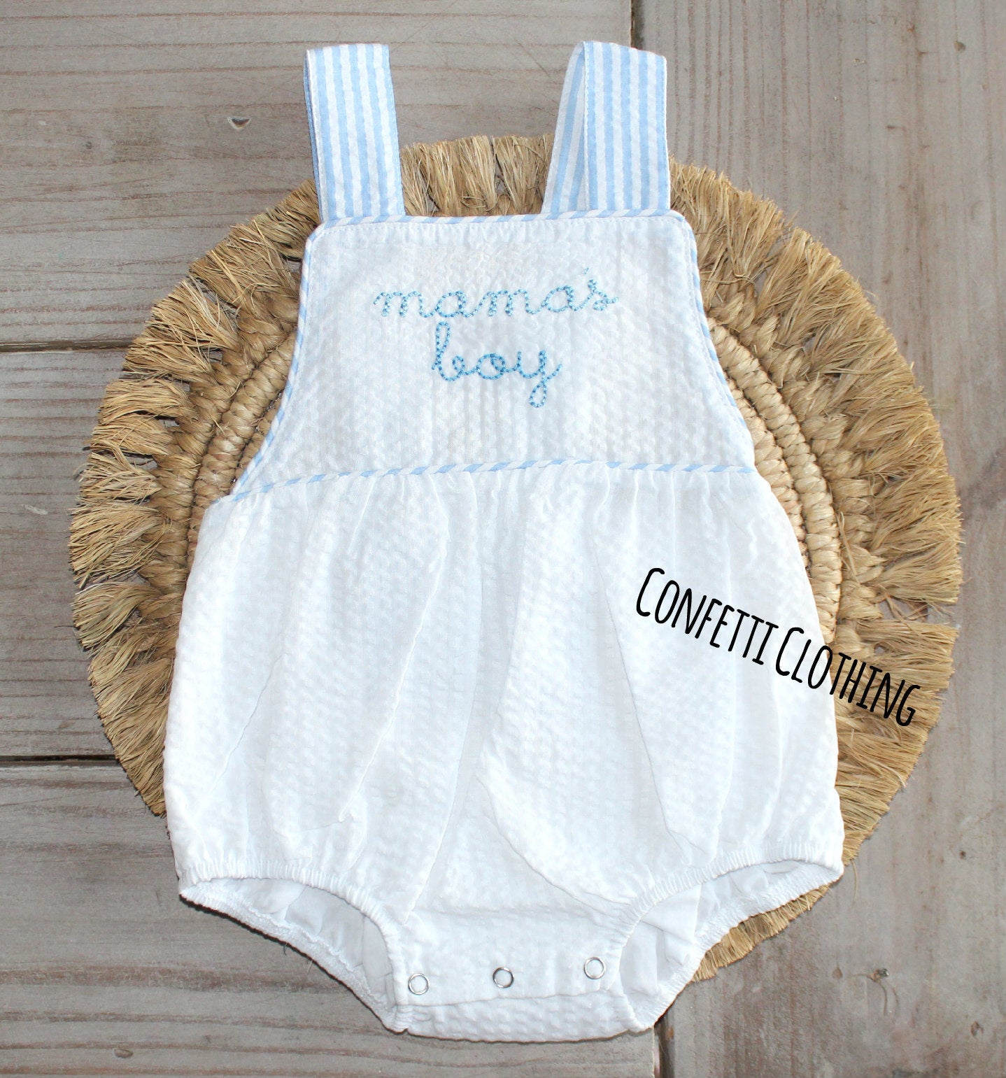 Personalized Mama's Boy Seersucker Tie Sunsuit