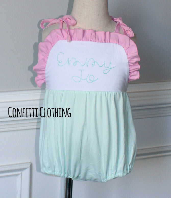 Sketch Monogram Girl Tie Sunsuit Bubble - Pink/Mint