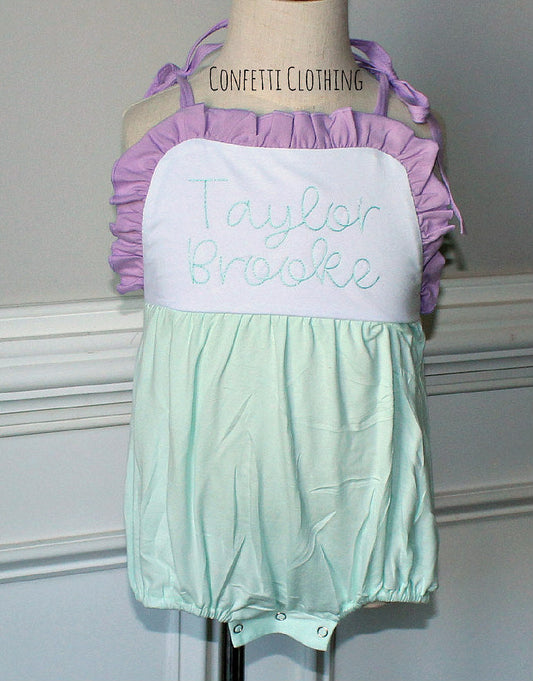 Sketch Monogram Girl Tie Sunsuit Bubble - Lilac/Mint