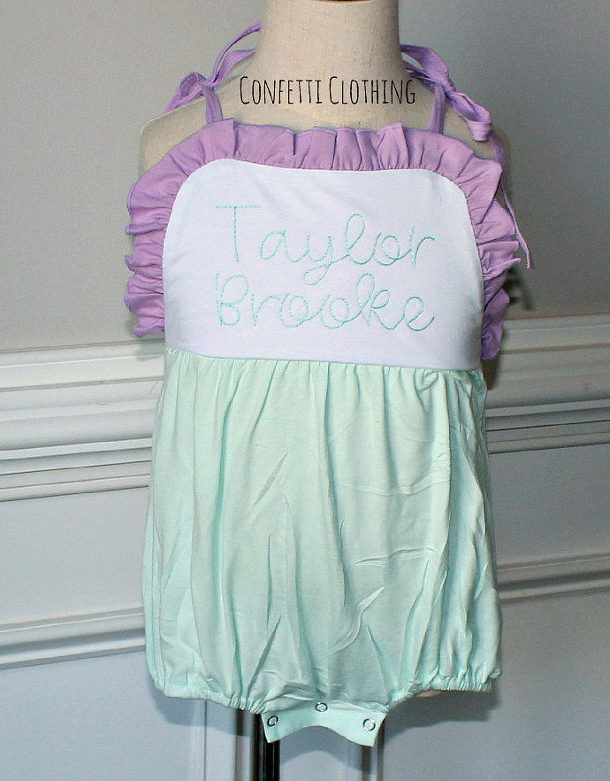 Sketch Monogram Girl Tie Sunsuit Bubble - Lilac/Mint