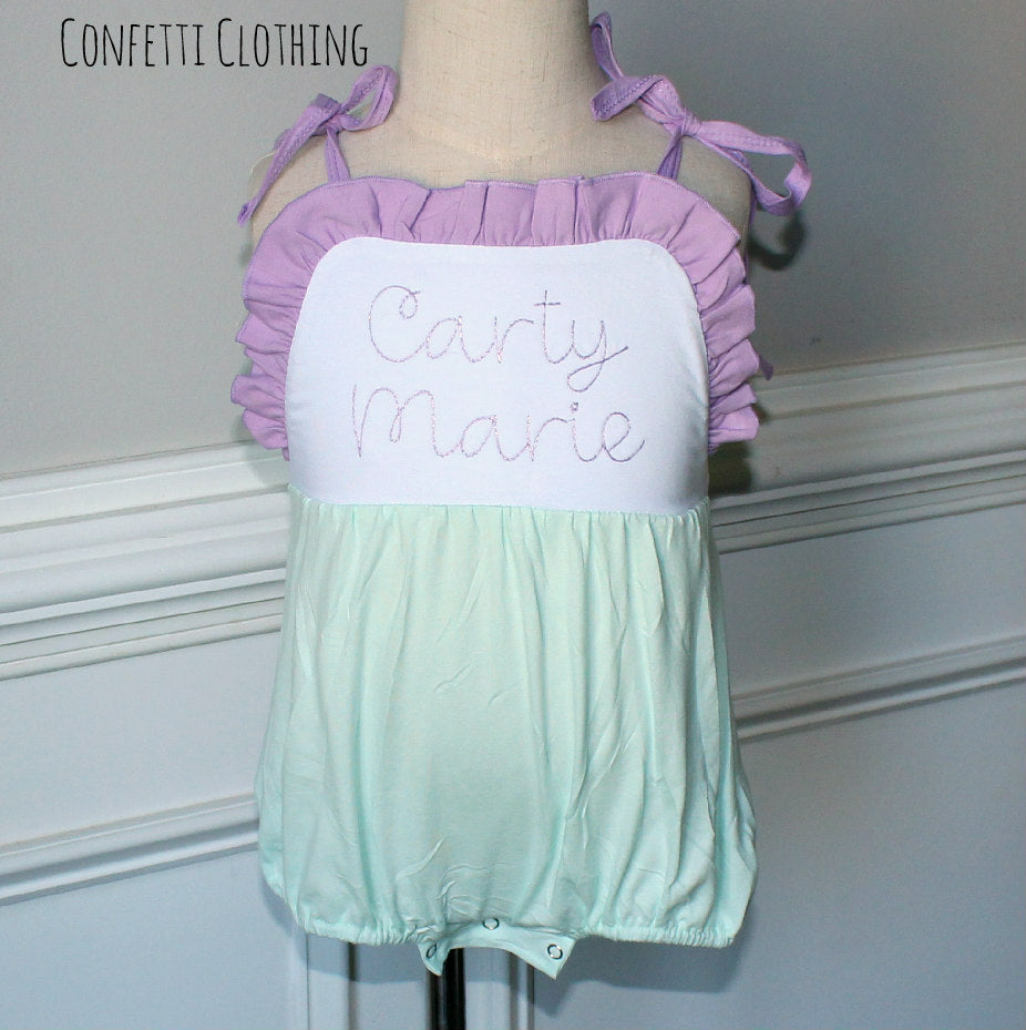 Sketch Monogram Girl Tie Sunsuit Bubble - Lilac/Mint