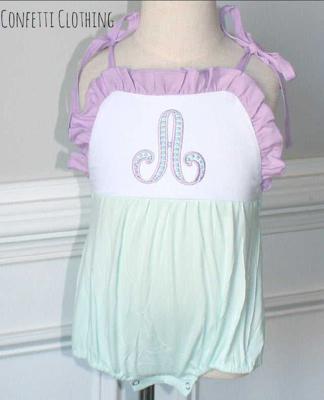 Sketch Monogram Girl Tie Sunsuit Bubble - Lilac/Mint