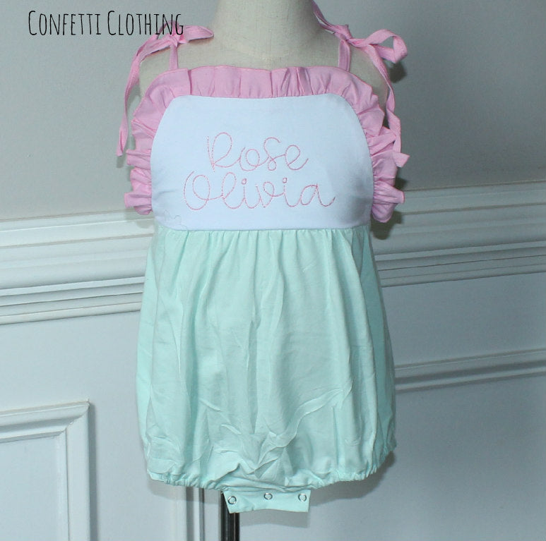Sketch Monogram Girl Tie Sunsuit Bubble - Pink/Mint