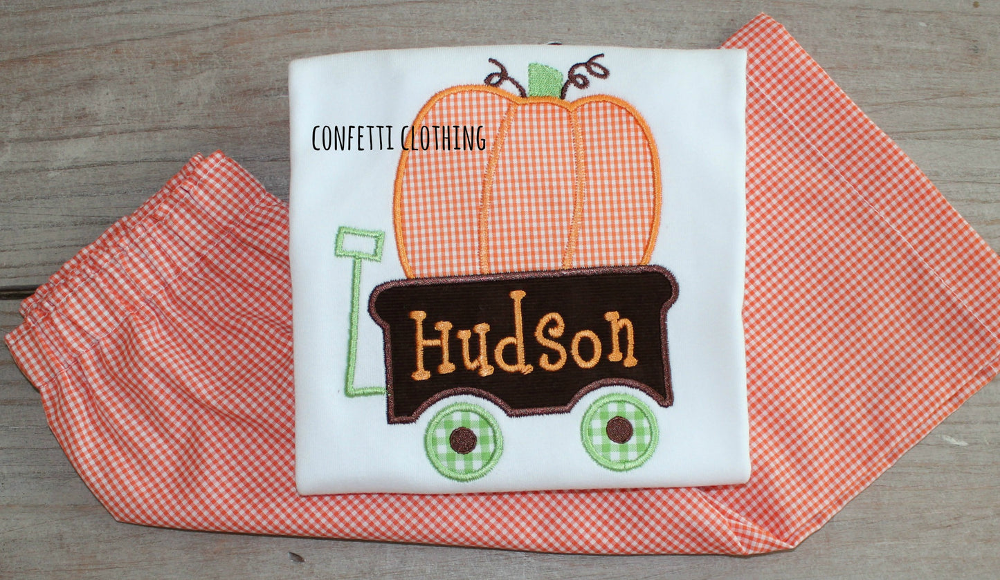Applique Boys Pumpkin Wagon Shirt & Matching Bottoms