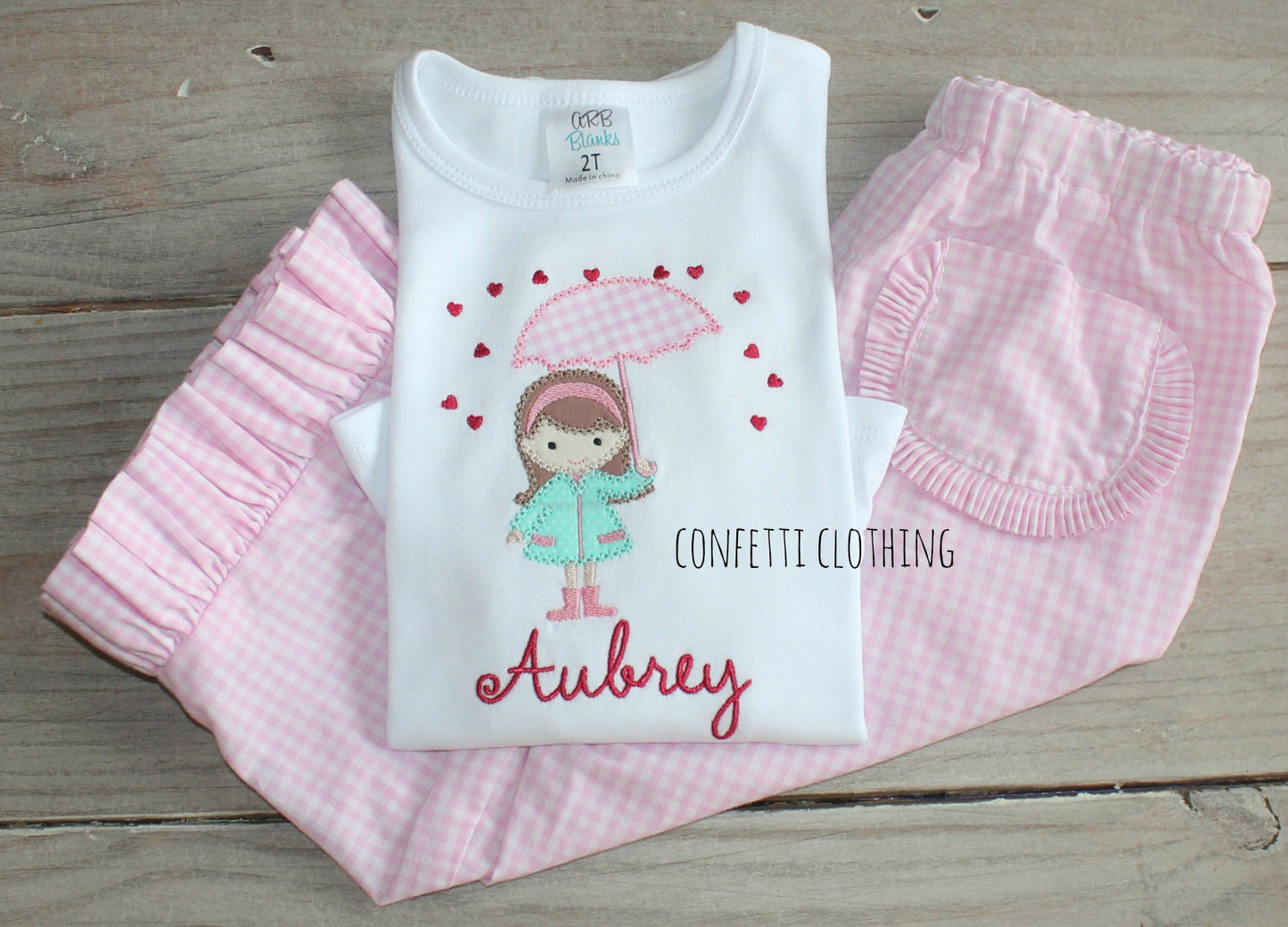 Applique Girls Raining Hearts Shirt & Matching Bottoms