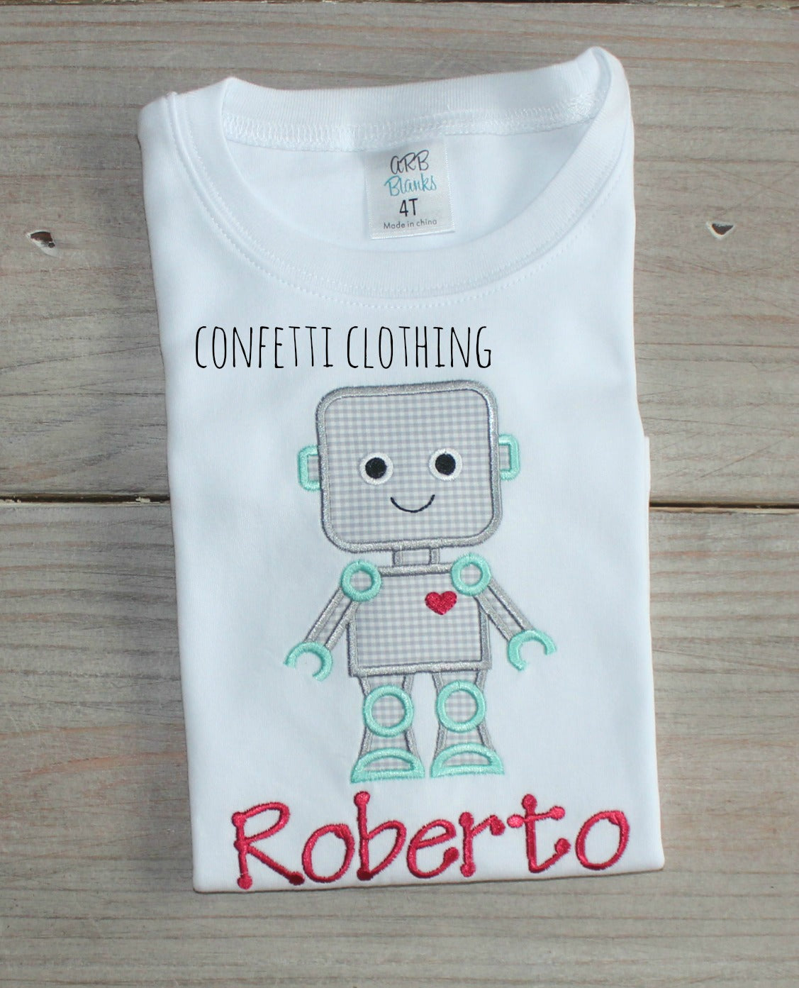 Applique Boys Gray Love Robot Design