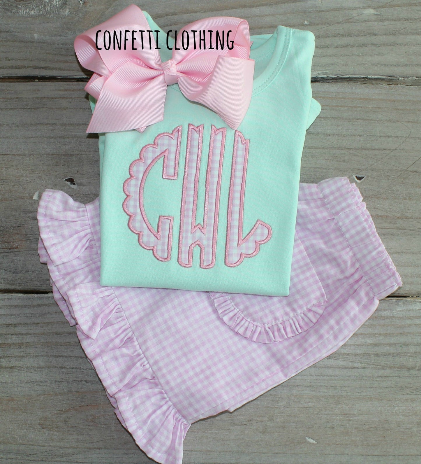Applique Girls Scallop Monogram Shirt & Matching Bottoms