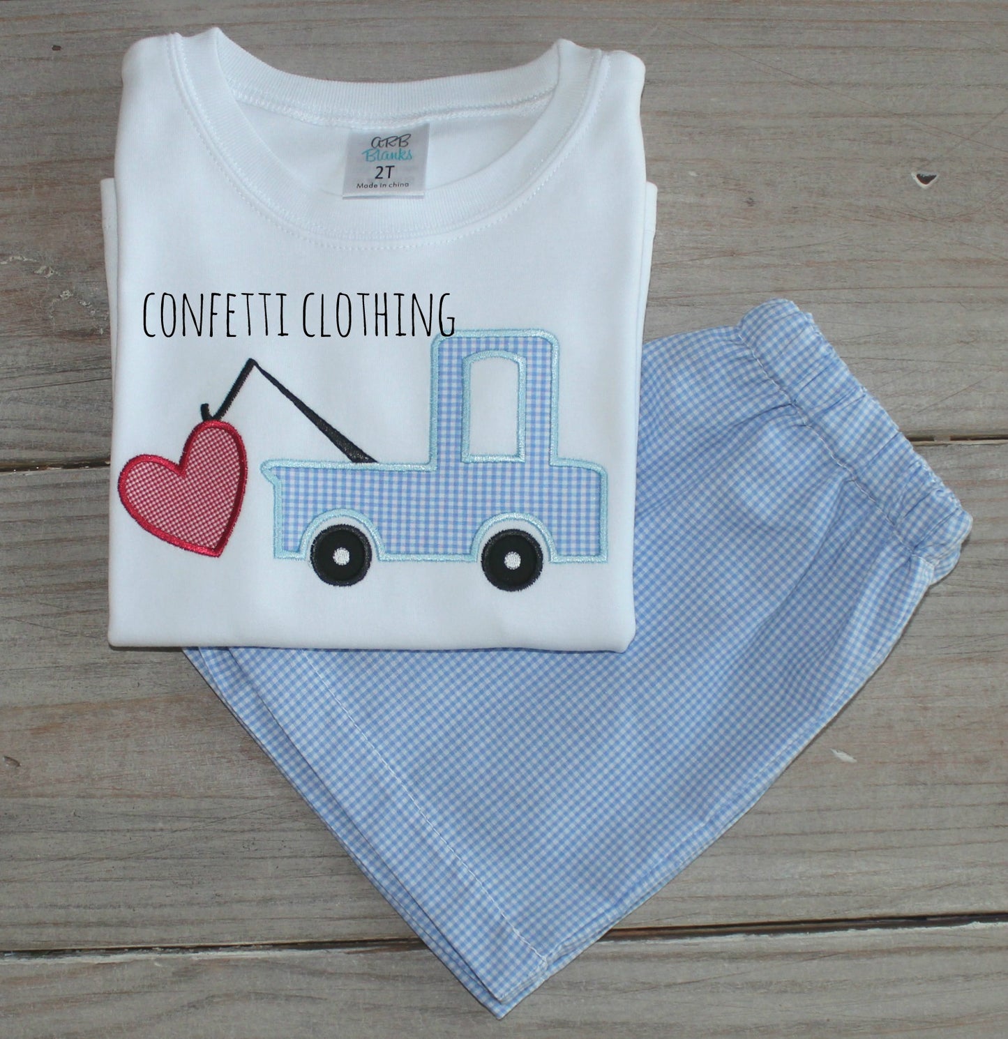 Applique Boys Tow Truck with Heart Shirt & Matching Bottoms