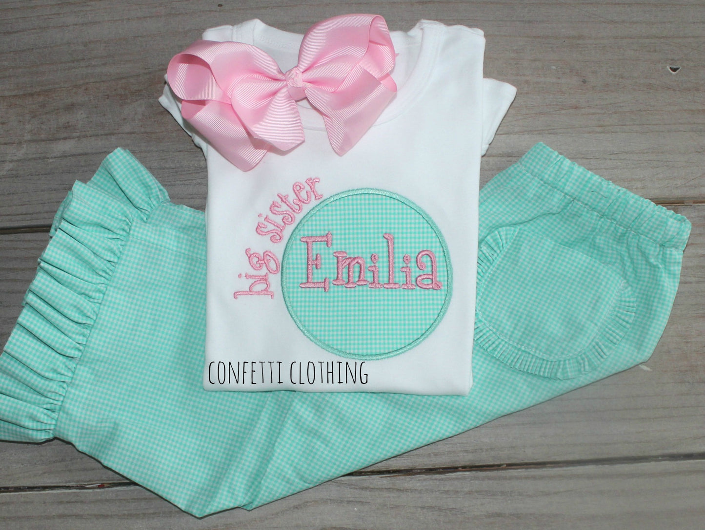 Applique Girls Big Sister Mint & Pink Shirt & Matching Bottoms