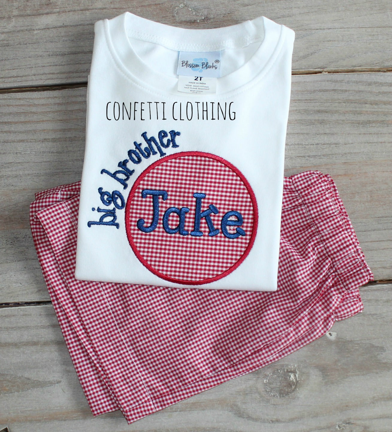 Applique Boys Big Brother Red & Navy Shirt & Matching Bottoms