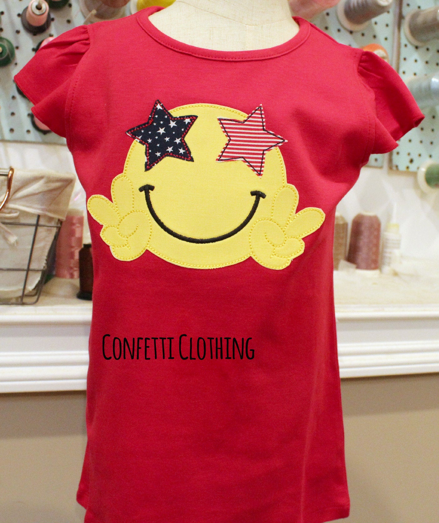 Applique Girls Smiley USA Patriotic Face Design
