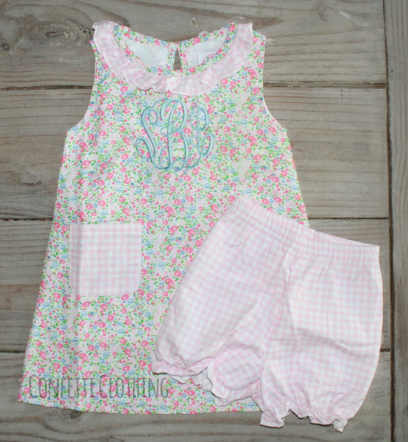 Sketch Monogram Girl Two Piece Floral & Gingham Set