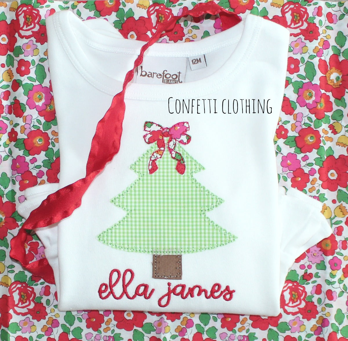 Applique Girls Christmas Tree with Floral Bow Design