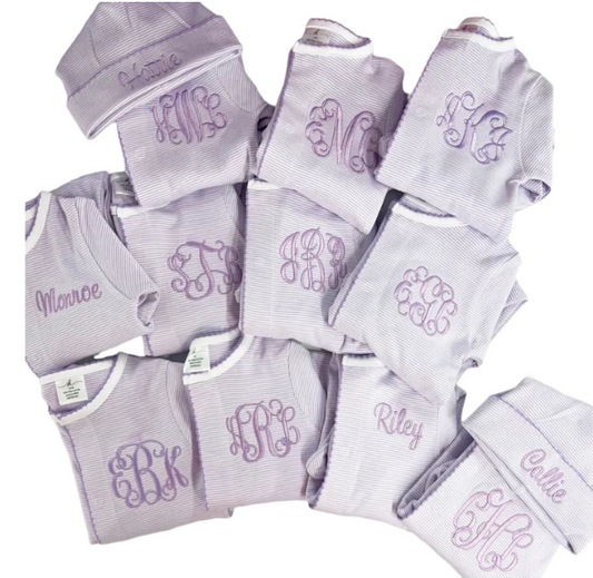 Sketch Monogram Baby Lilac Stripe Footie