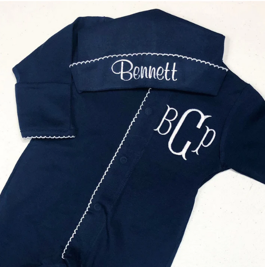 Sketch Monogram Baby Navy & White Footie