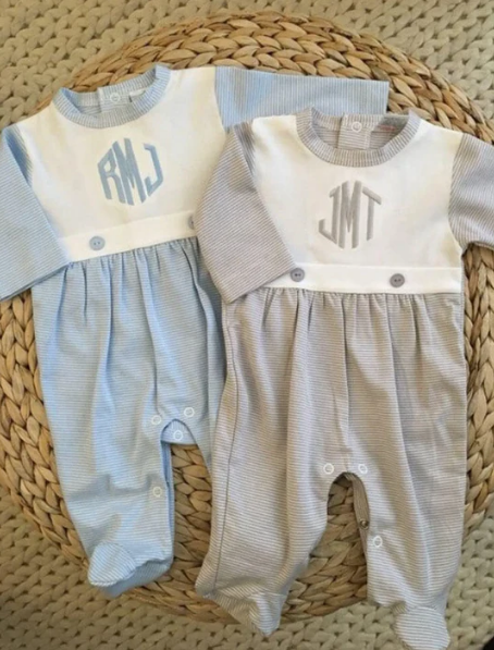 Sketch Monogram Baby Silver Stripe Bib Footie