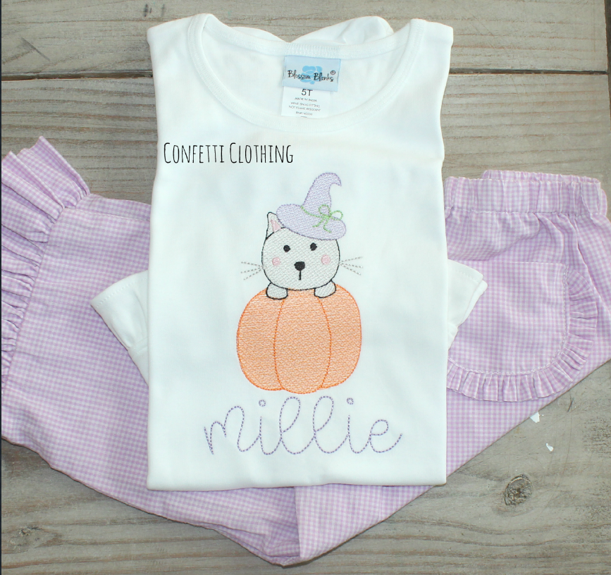Sketch Girls Witch Cat on Pumpkin Shirt & Matching Bottoms