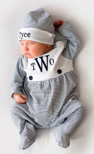 Sketch Monogram Baby Navy Stripe Bib Footie