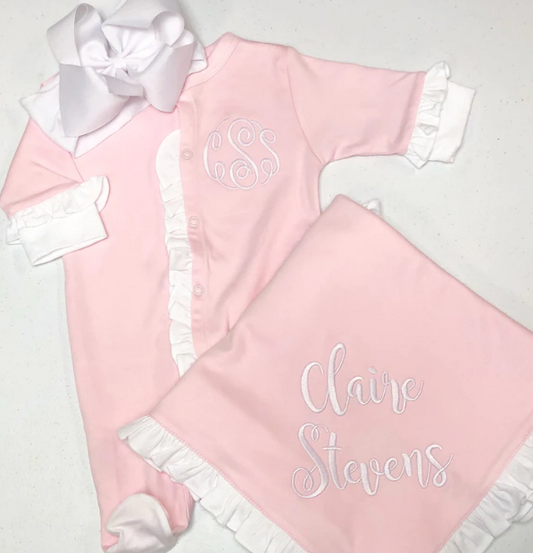 Sketch Monogram Baby Pink / White Ruffle Footie