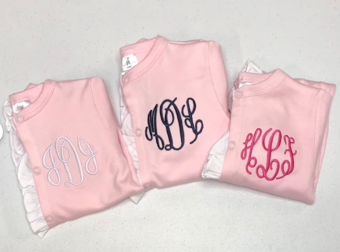 Sketch Monogram Baby Pink / White Ruffle Footie