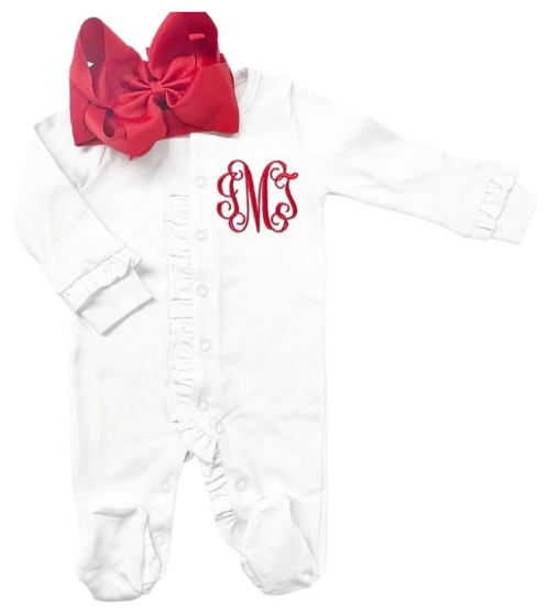 Sketch Monogram Baby White / White Ruffle Footie