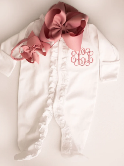 Sketch Monogram Baby White / White Ruffle Footie