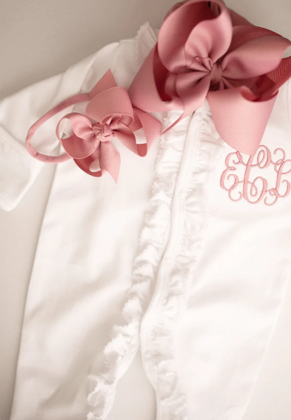 Sketch Monogram Baby White / White Ruffle Footie