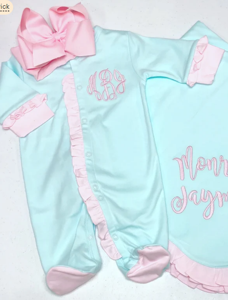 Sketch Monogram Baby Mint / Pink Ruffle Footie