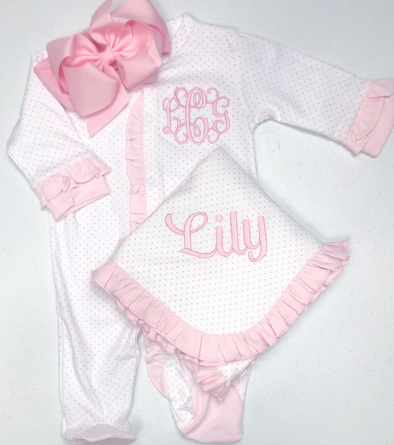 Sketch Monogram Baby Pink Dot / Pink Ruffle Footie