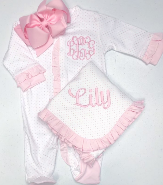 Sketch Monogram Baby Pink Dot / Pink Ruffle Footie