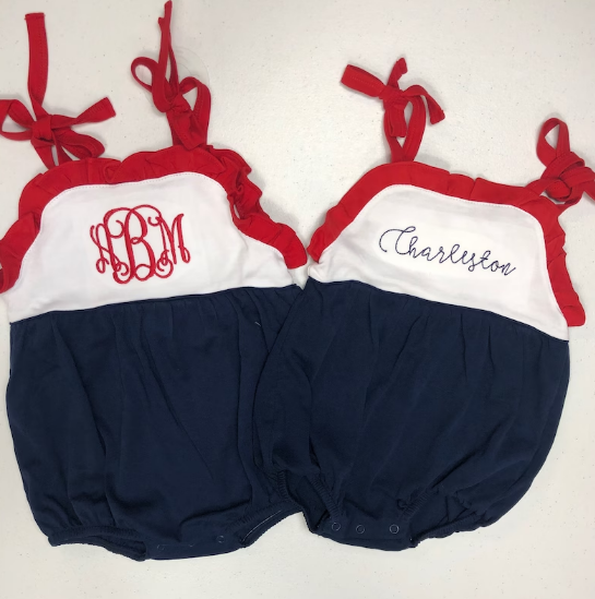 Sketch Monogram Girl Tie Sunsuit Bubble - Red/Navy