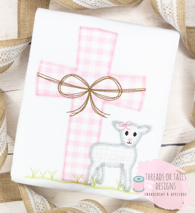 - SAMPLE SALE- Applique Cross with Lamb Bow Design