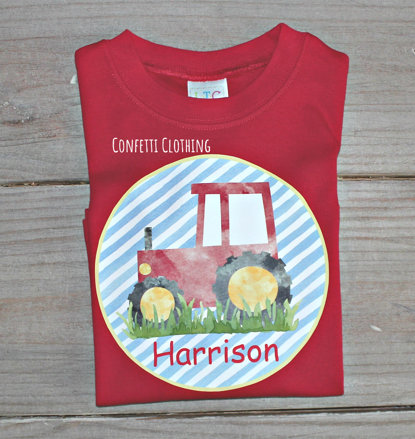 Printed Farm Tractor on Stripes on Red Design