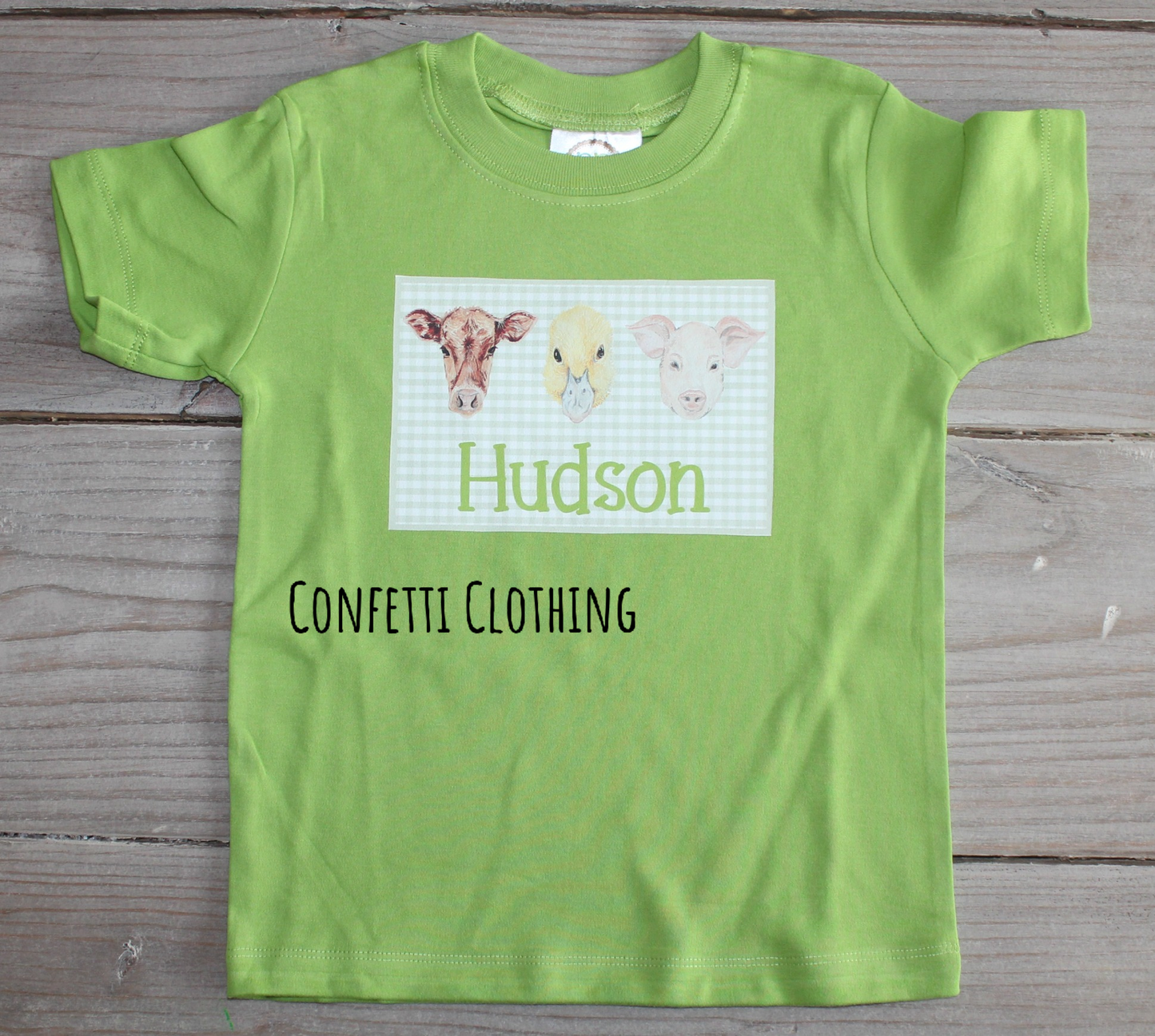 Printed Farm Animals on Gingham on Lime Green Design