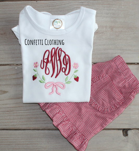 Sketch Girls Strawberry with Bow Monogram Shirt & Matching Bottoms