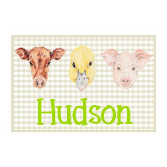 Printed Farm Animals on Gingham on Lime Green Design