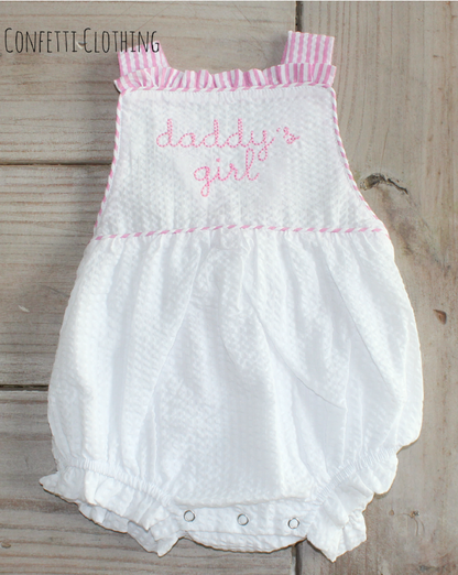 Personalized Daddy's Girl Ruffle Seersucker Tie Sunsuit