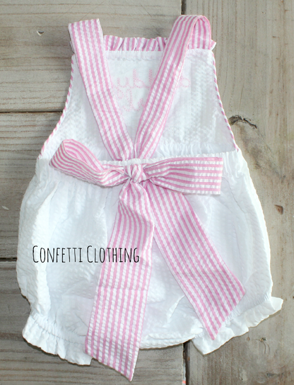 Personalized Daddy's Girl Ruffle Seersucker Tie Sunsuit