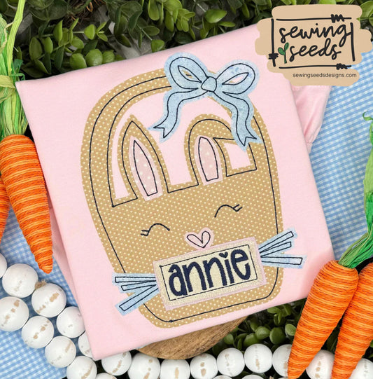 - SAMPLE SALE- Applique Bunny Basket with Bow Design