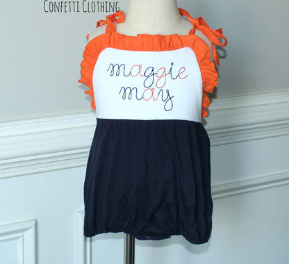 Sketch Monogram Girl Tie Sunsuit Bubble - Navy/Orange