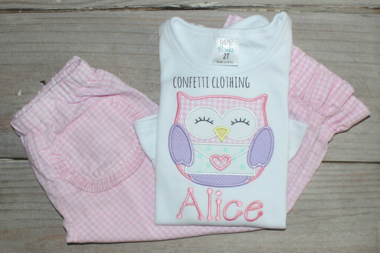 Applique Girls Owl with Love Note Shirt & Matching Bottoms