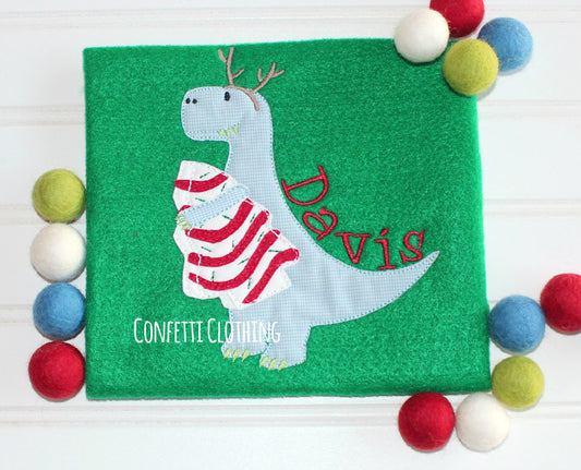 Applique Boys Reindeer Dino with Christmas Tree Cake Design
